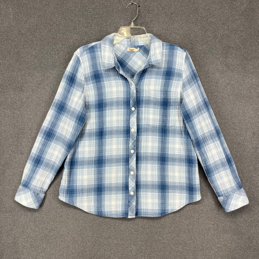 Faherty Plaid Button Down Women Large Blue Indigo Organic Cotton Gauze Shirt